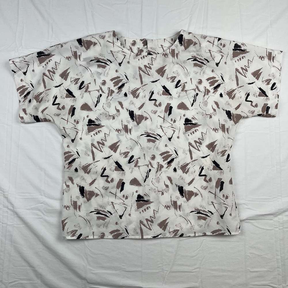 Vintage Zopf Abstract‎ Print Blouse 80s 90s Boxy Shirt Medium White Made USA
